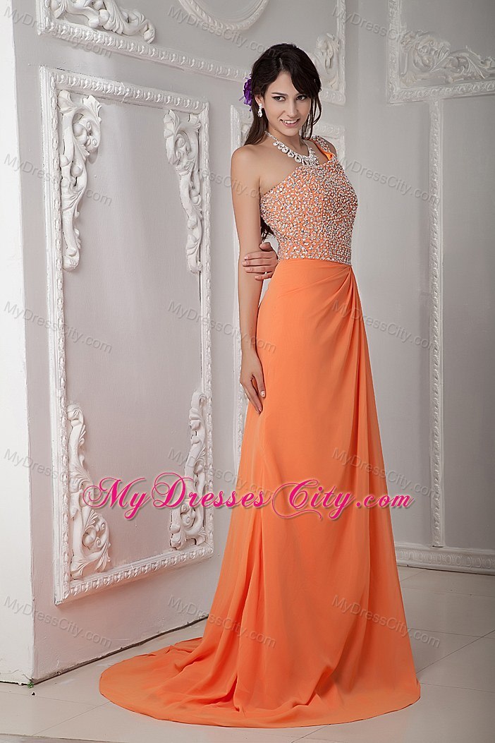 Sexy Orange One Shoulder Beaded Corset Chiffon Evening Dress