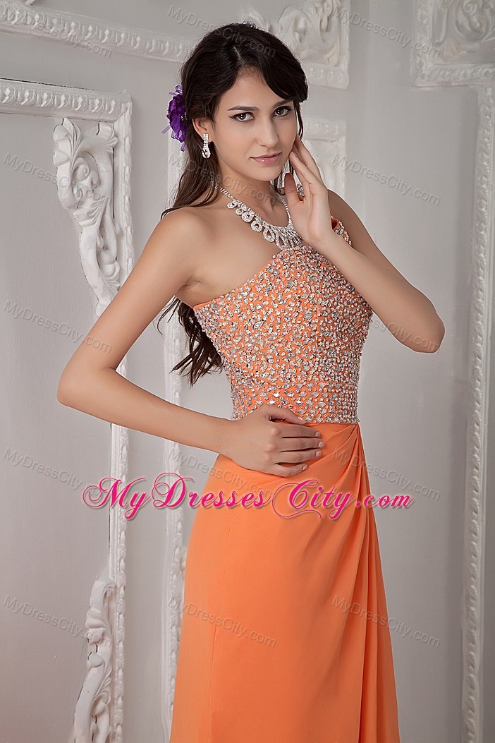 Sexy Orange One Shoulder Beaded Corset Chiffon Evening Dress