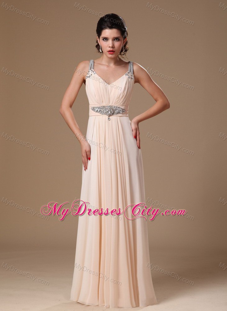 Champagne V-neck Beaded Decorate Shoulder Prom Gowns in 2013