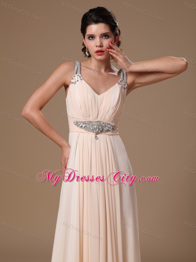 Champagne V-neck Beaded Decorate Shoulder Prom Gowns in 2013