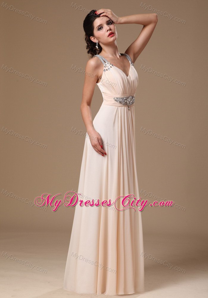 Champagne V-neck Beaded Decorate Shoulder Prom Gowns in 2013