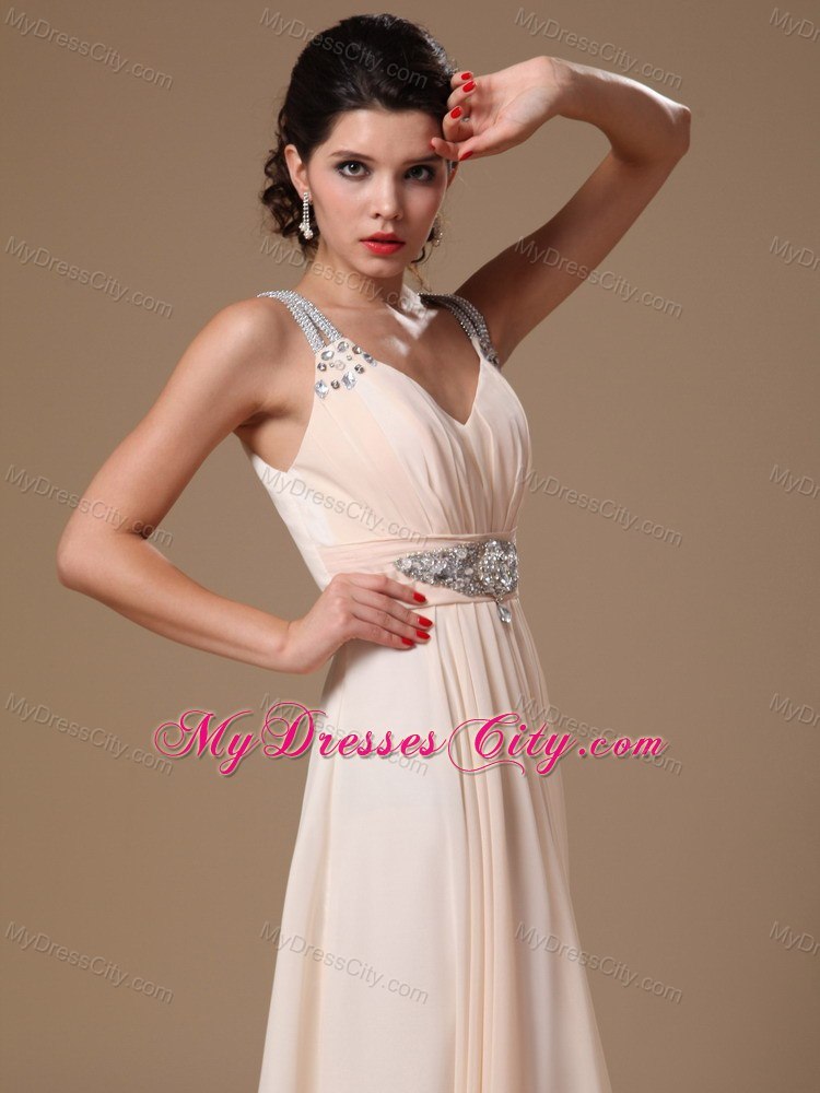 Champagne V-neck Beaded Decorate Shoulder Prom Gowns in 2013