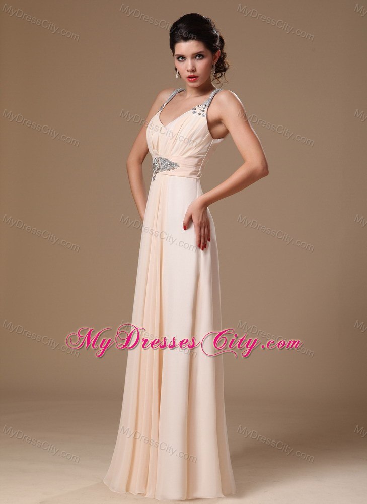 Champagne V-neck Beaded Decorate Shoulder Prom Gowns in 2013