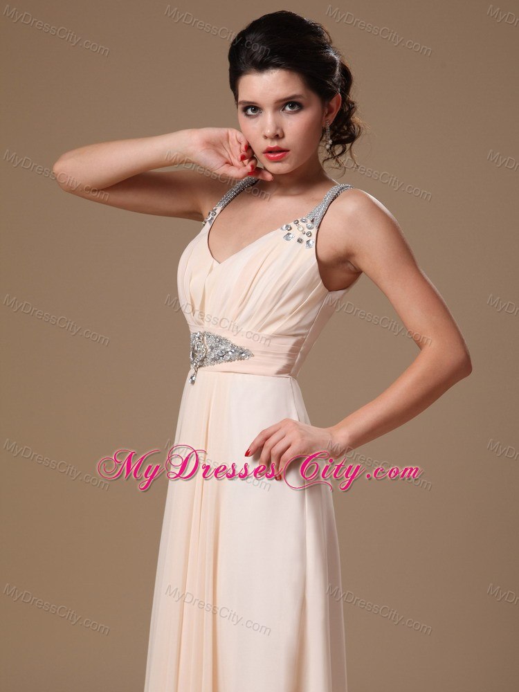 Champagne V-neck Beaded Decorate Shoulder Prom Gowns in 2013