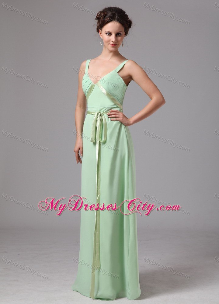 Apple Green Sash V-neck Straps Chiffon Prom Dress For 2013