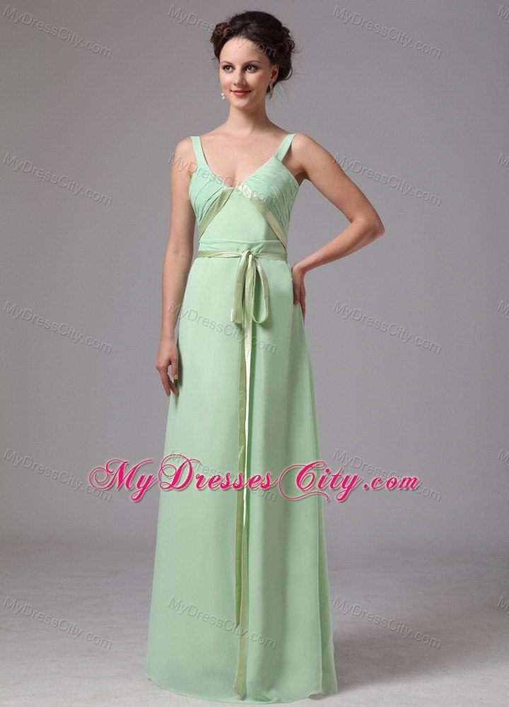 Apple Green Sash V-neck Straps Chiffon Prom Dress For 2013