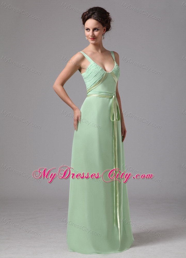 Apple Green Sash V-neck Straps Chiffon Prom Dress For 2013