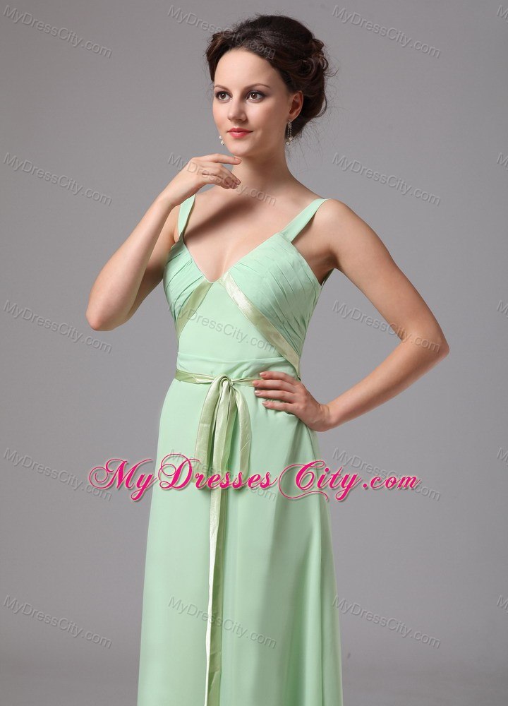 Apple Green Sash V-neck Straps Chiffon Prom Dress For 2013