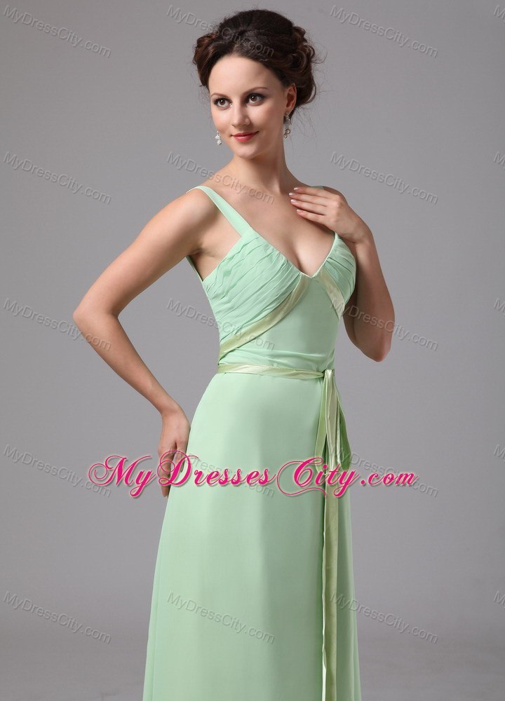 Apple Green Sash V-neck Straps Chiffon Prom Dress For 2013