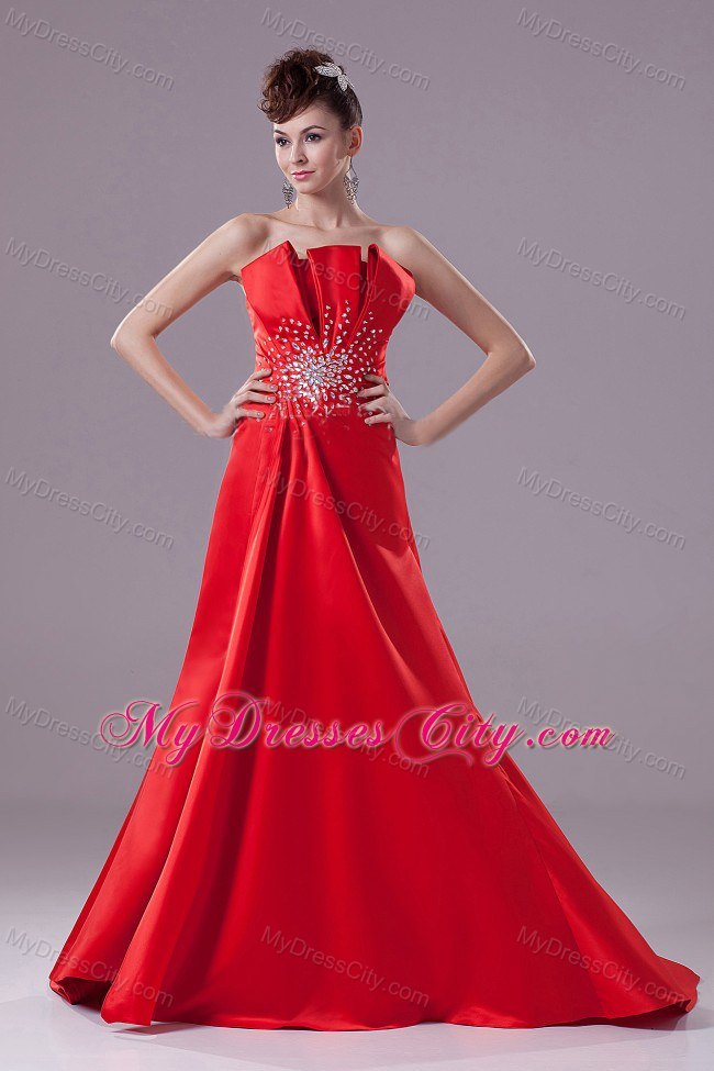 Red Satin Strapless 2013 Prom Dress With Court Train on Sale