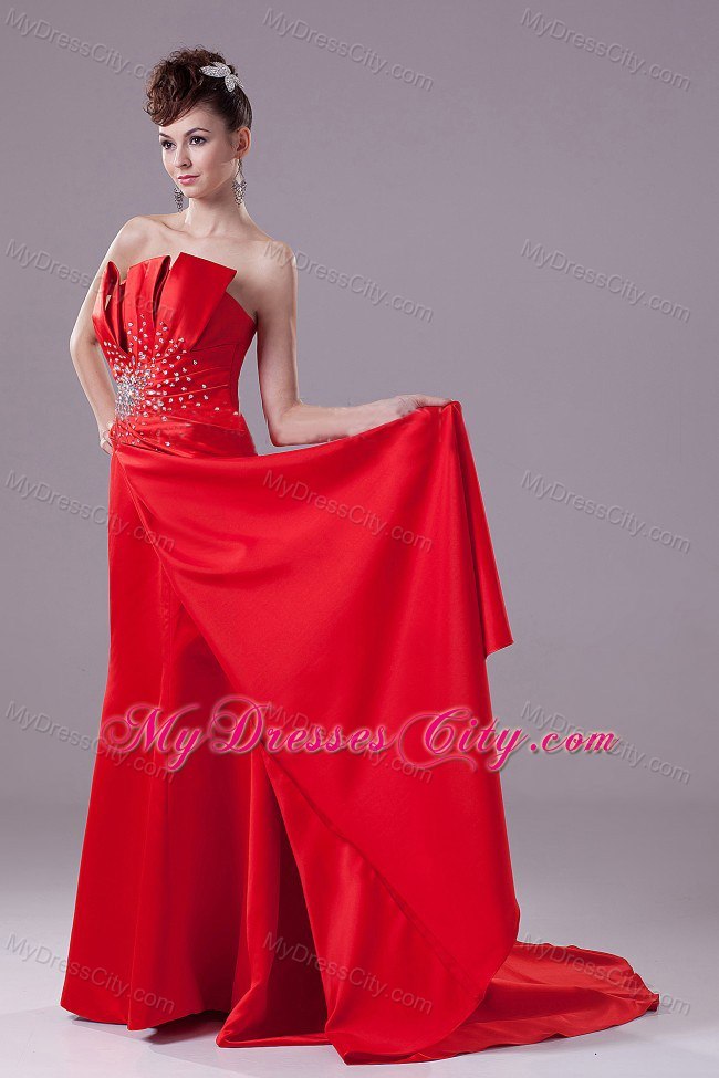 Red Satin Strapless 2013 Prom Dress With Court Train on Sale