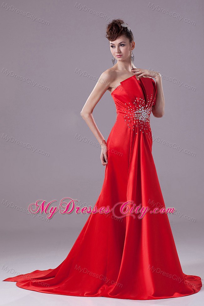 Red Satin Strapless 2013 Prom Dress With Court Train on Sale