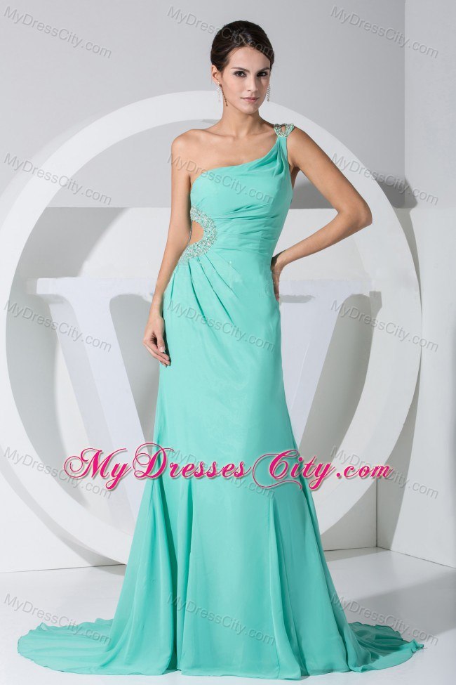 One Shoulder Turquoise Court Train Prom Dress with Side Cut Out