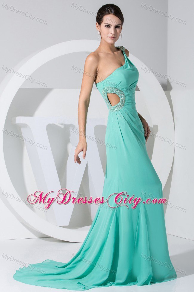 One Shoulder Turquoise Court Train Prom Dress with Side Cut Out