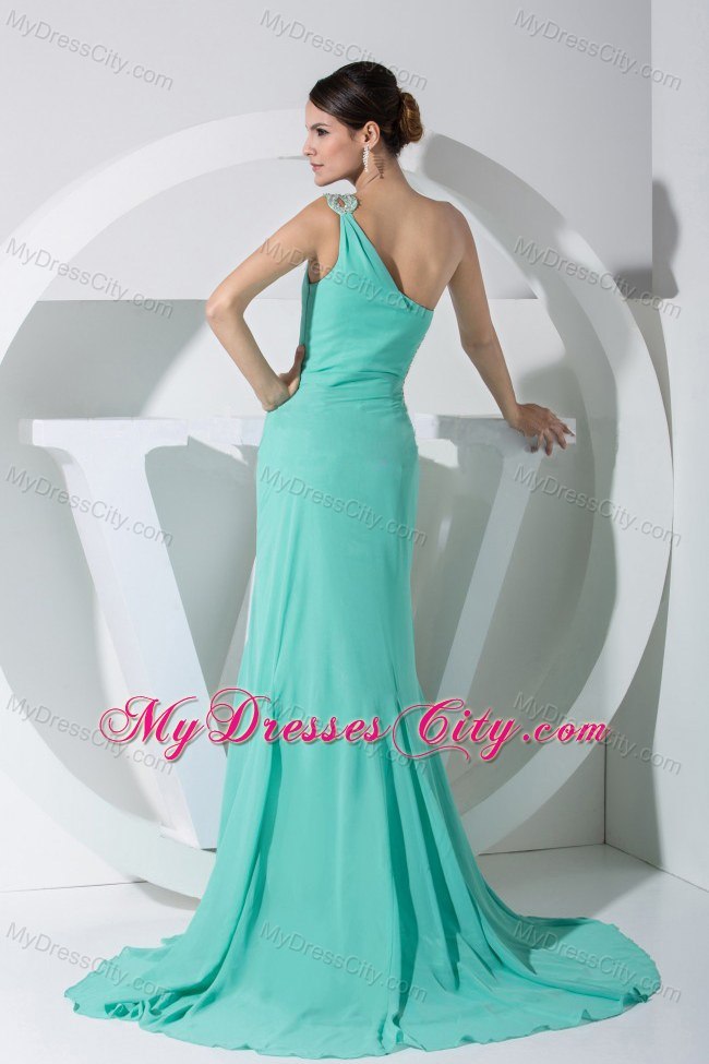 One Shoulder Turquoise Court Train Prom Dress with Side Cut Out