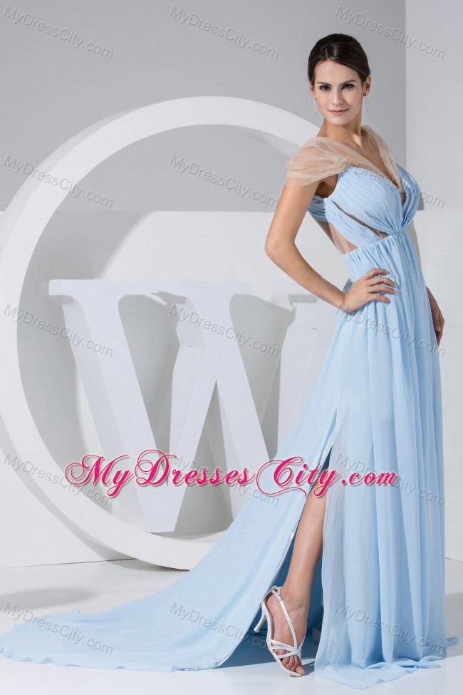 High Slit Light Blue V-neck Cap Sleeves Prom Dress for Girl