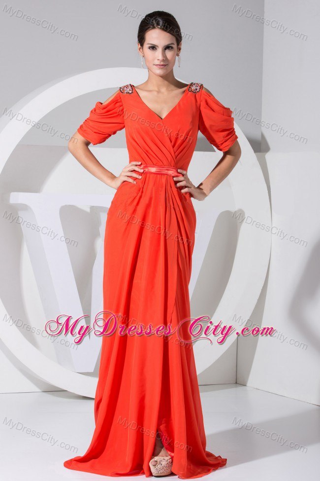 Red Chiffon Brush Train Short Sleeves 2013 Chiffon Prom Dress