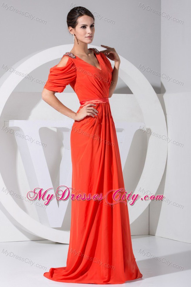 Red Chiffon Brush Train Short Sleeves 2013 Chiffon Prom Dress