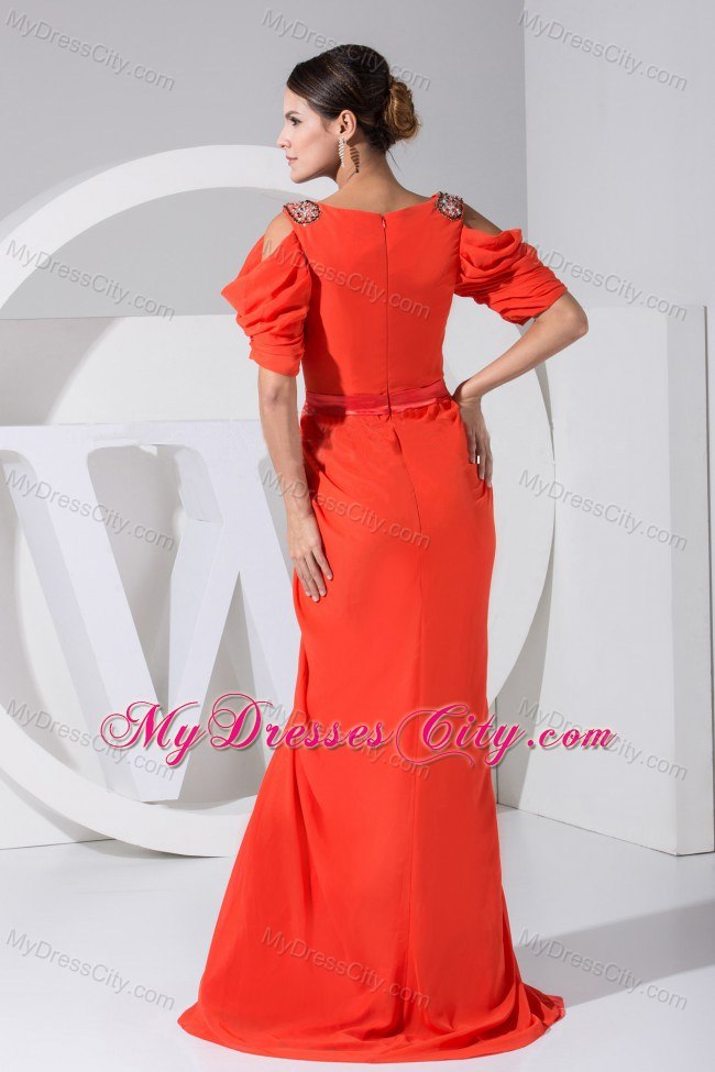 Red Chiffon Brush Train Short Sleeves 2013 Chiffon Prom Dress