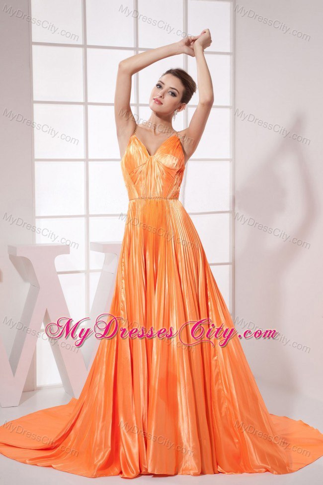 Orange Red Spaghetti Straps Court Train Prom Dress with Pleats