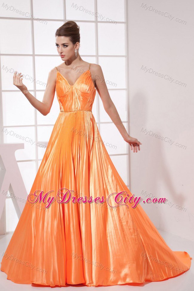 Orange Red Spaghetti Straps Court Train Prom Dress with Pleats