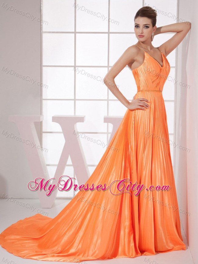 Orange Red Spaghetti Straps Court Train Prom Dress with Pleats