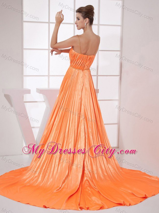 Orange Red Spaghetti Straps Court Train Prom Dress with Pleats