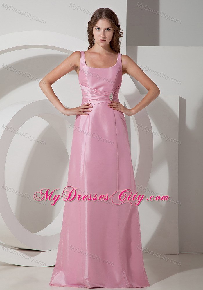 Simple Rose Pink Square Long Taffeta Beading Prom Dress