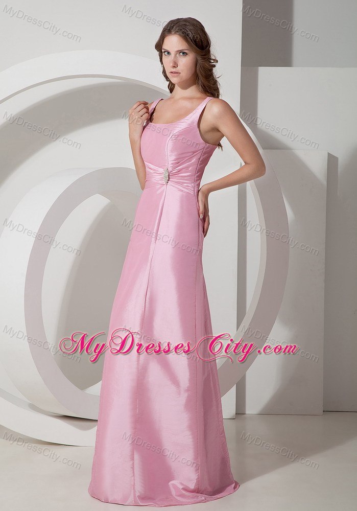 Simple Rose Pink Square Long Taffeta Beading Prom Dress