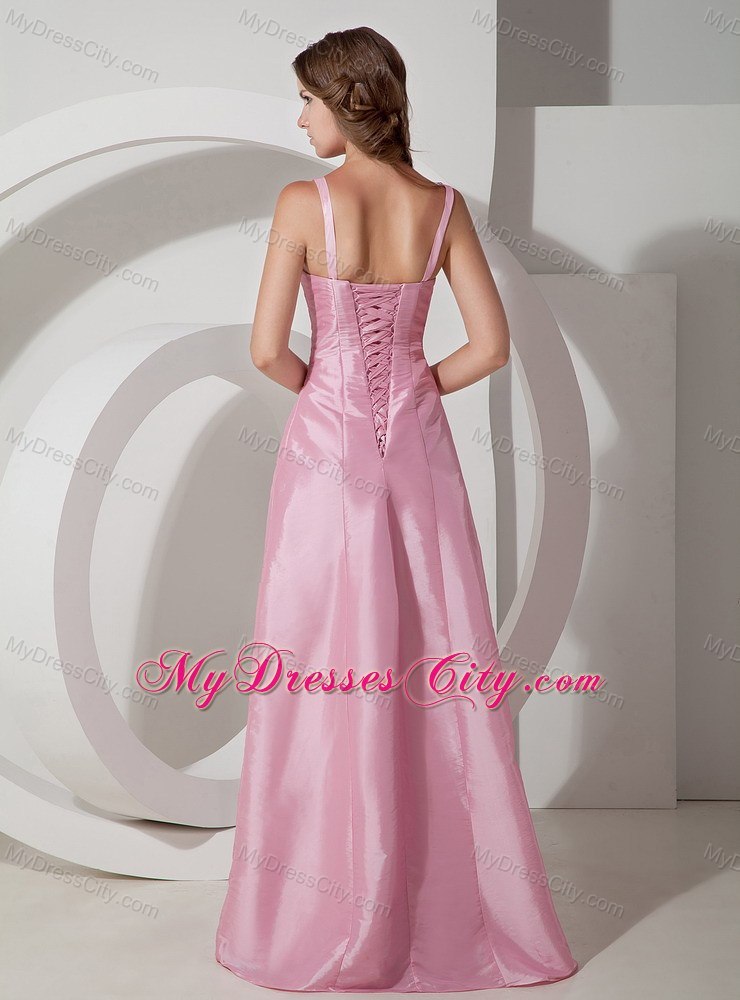 Simple Rose Pink Square Long Taffeta Beading Prom Dress