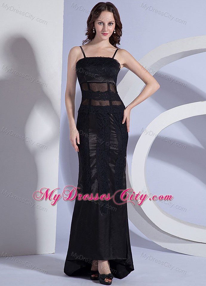 Column Black Prom Dress with Spaghetti Straps Satin