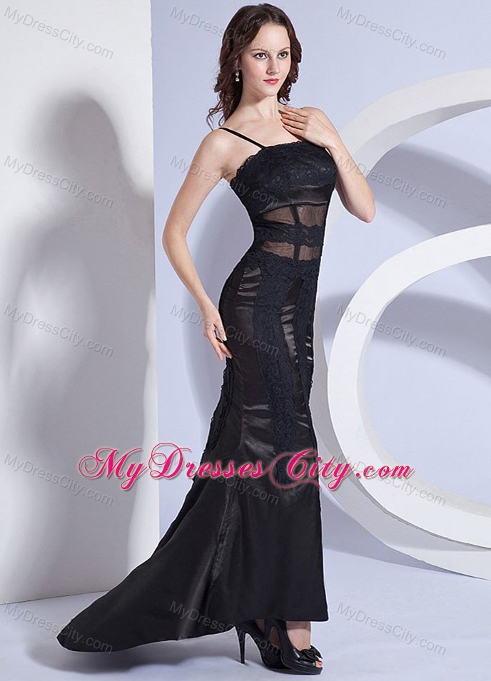 Column Black Prom Dress with Spaghetti Straps Satin