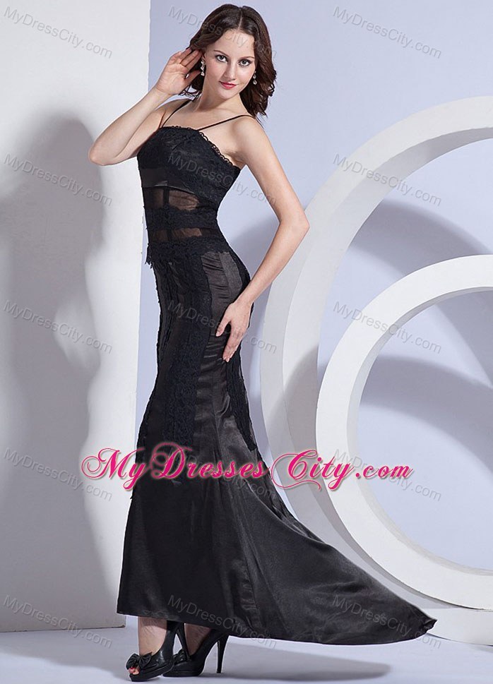 Column Black Prom Dress with Spaghetti Straps Satin