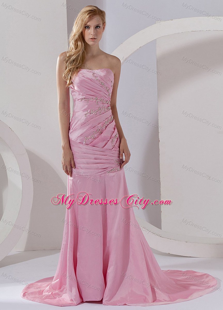 2013 Mermaid Appliques and Ruches Rose Pink Prom Dress