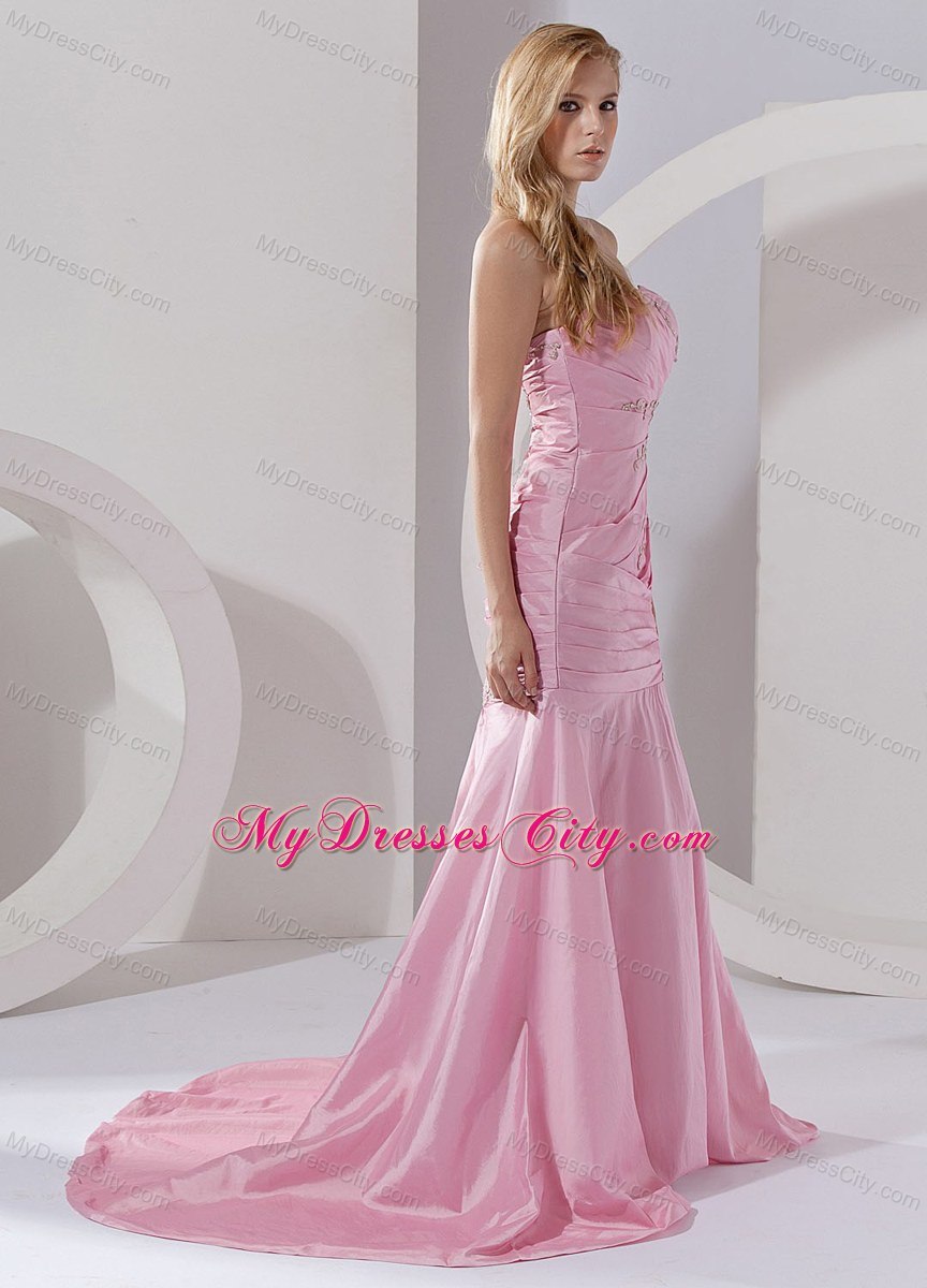 2013 Mermaid Appliques and Ruches Rose Pink Prom Dress