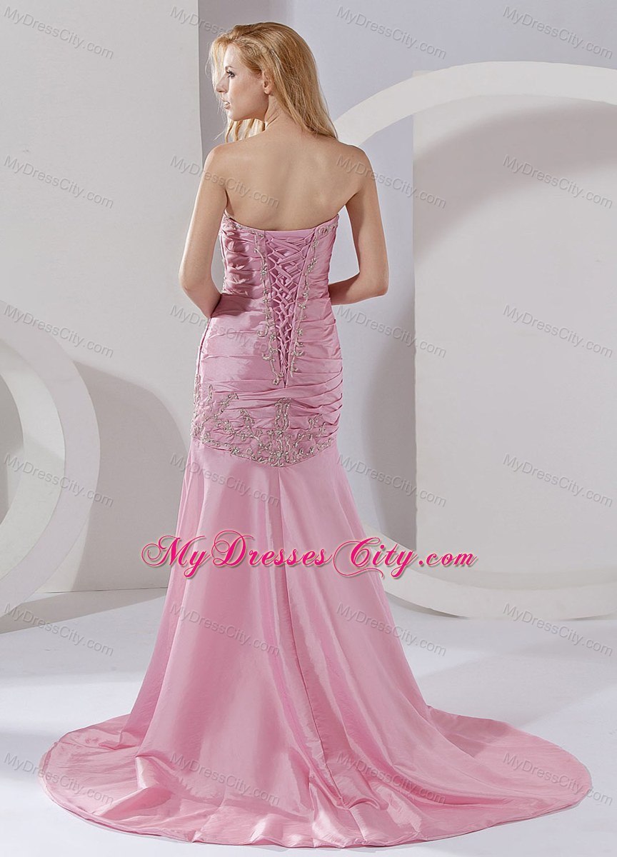 2013 Mermaid Appliques and Ruches Rose Pink Prom Dress