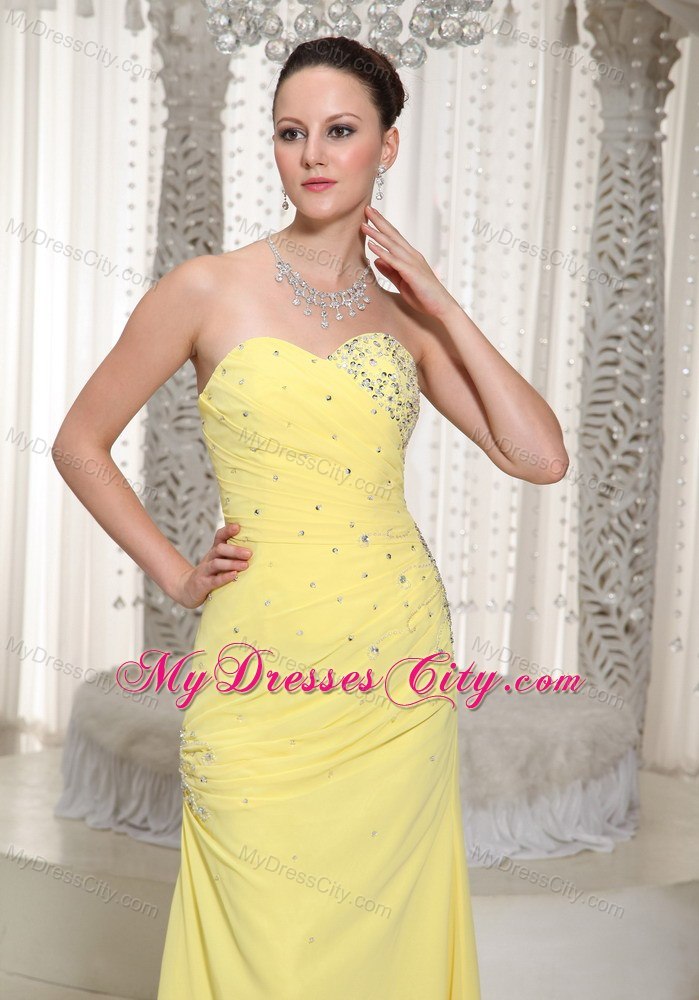 Sweetheart Column Beaded Chiffon Yellow Prom Dress