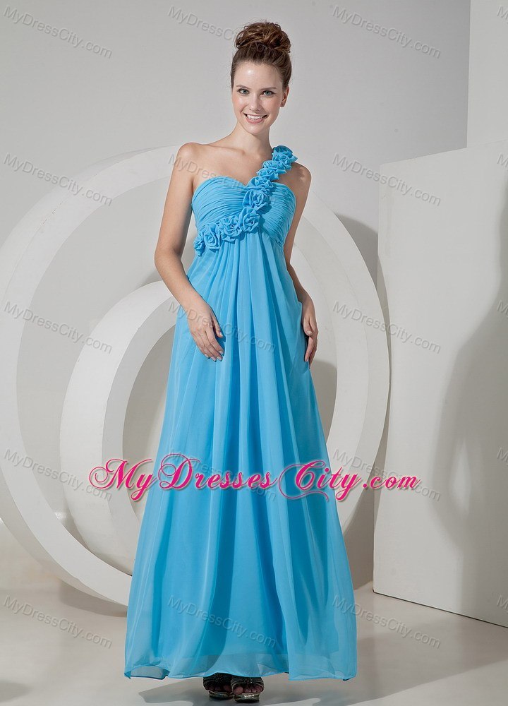 Blue One Shoulder Empire Prom Evening Dress with Flowers