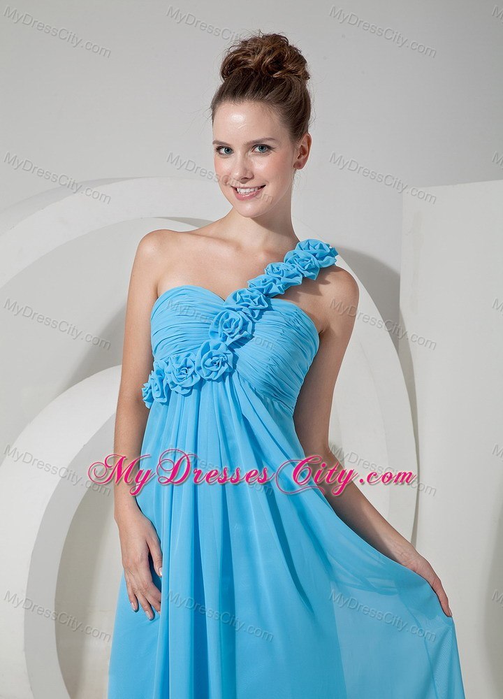 Blue One Shoulder Empire Prom Evening Dress with Flowers