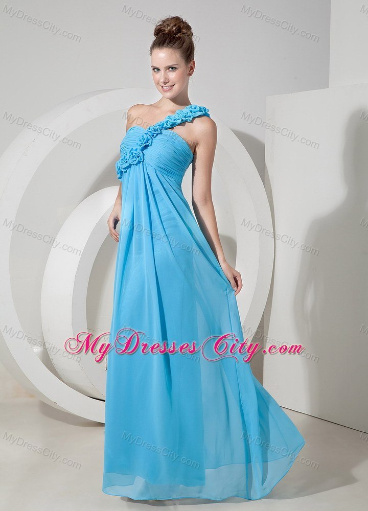 Blue One Shoulder Empire Prom Evening Dress with Flowers