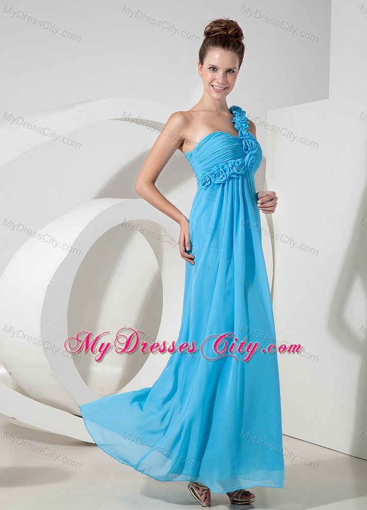 Blue One Shoulder Empire Prom Evening Dress with Flowers