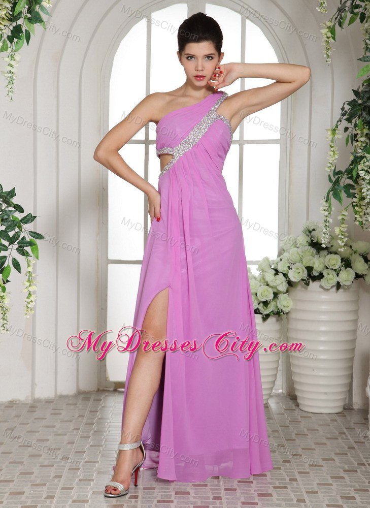 Cute One Shoulder Beading Lavender Prom Dress With Slit