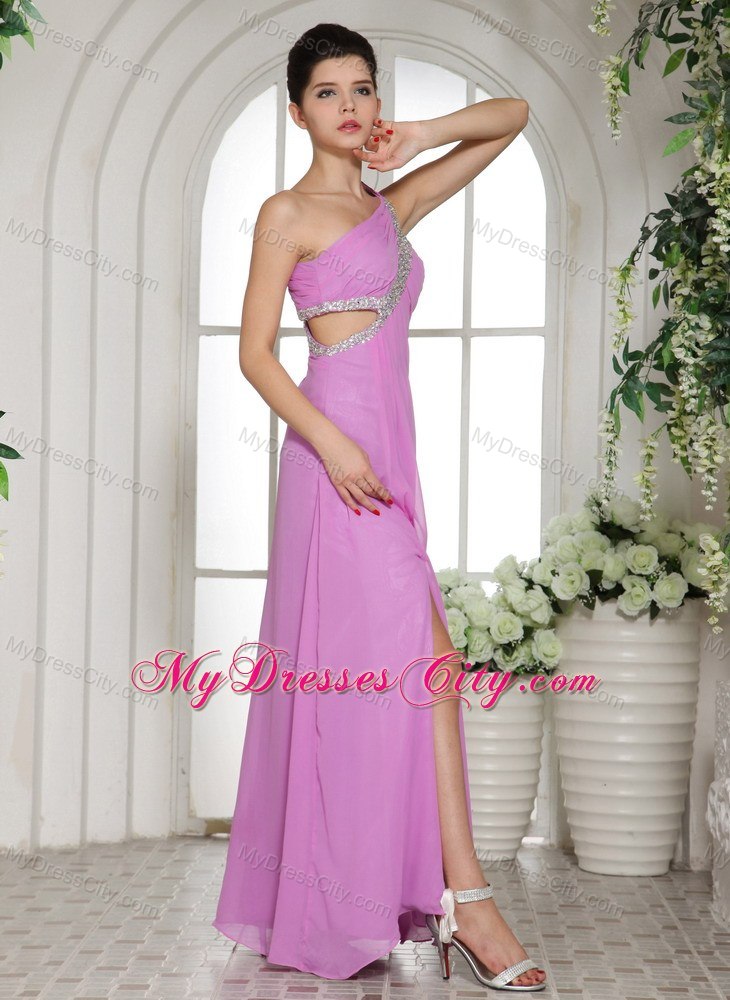 Cute One Shoulder Beading Lavender Prom Dress With Slit