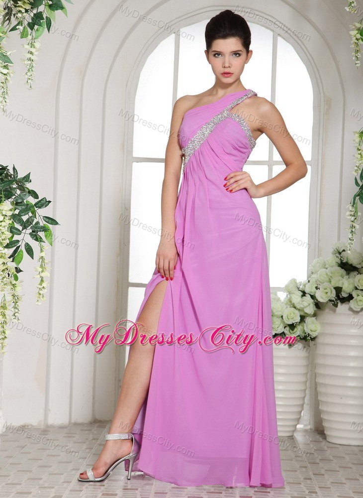 Cute One Shoulder Beading Lavender Prom Dress With Slit