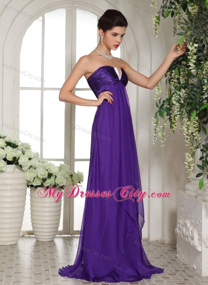 Long Eggplant Purple Ruched V-neck Prom Celebrity Dress