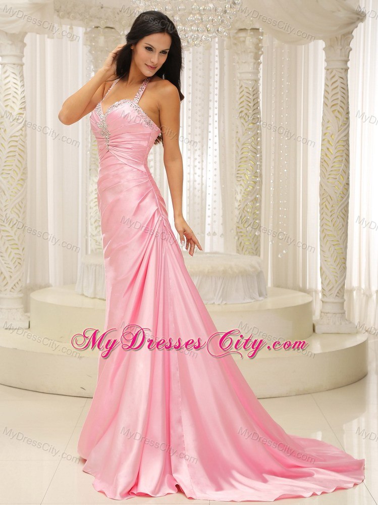 Cheap Pink Halter Top Ruched Spring Prom Dress with Train