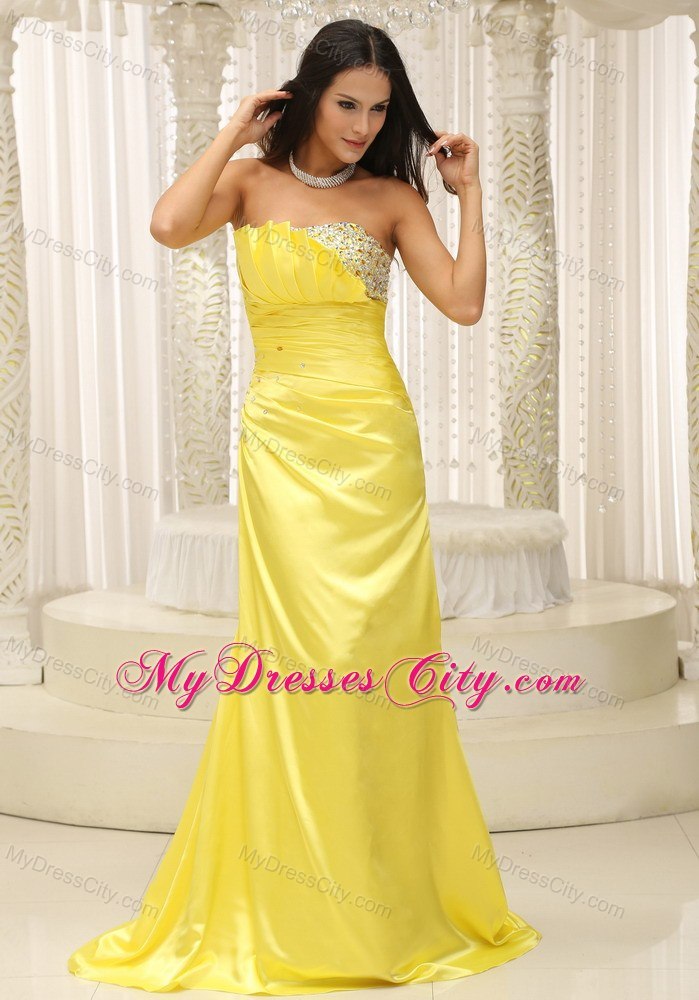 Discount Yellow Strapless Ruche and Beading Long Prom Dress