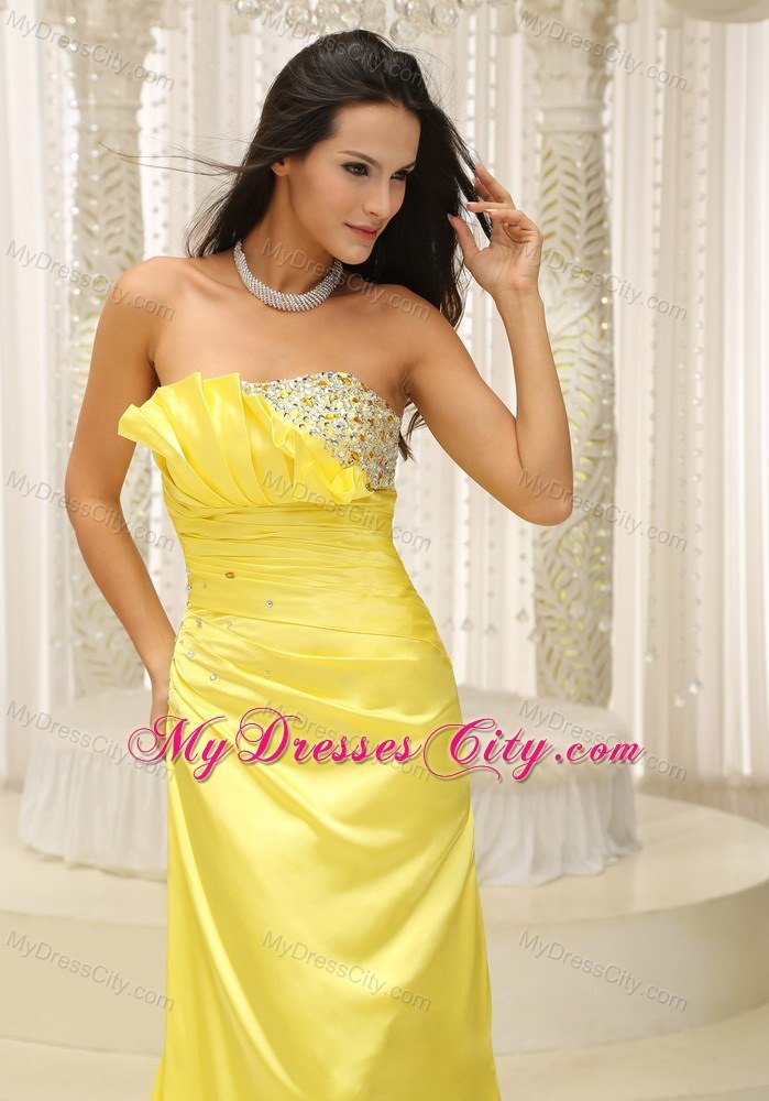 Discount Yellow Strapless Ruche and Beading Long Prom Dress