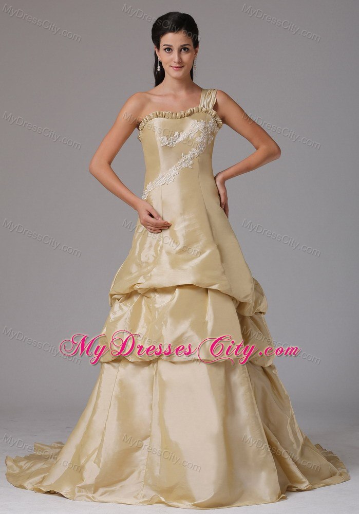 One Shoulder Champagne A-line Appliques Prom Dress Ruffled