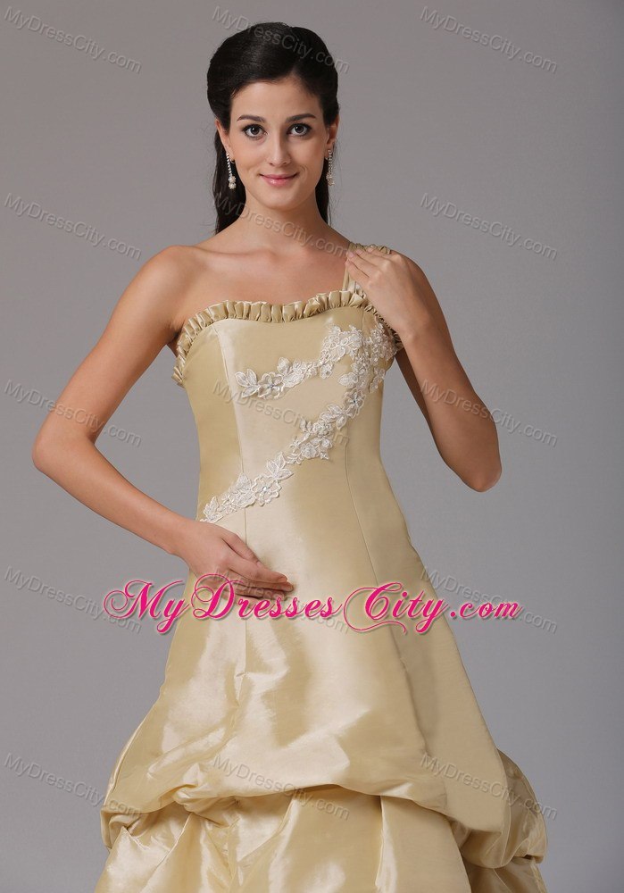 One Shoulder Champagne A-line Appliques Prom Dress Ruffled